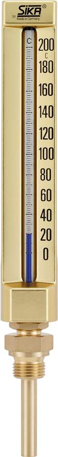 271 B, Casing 200x36mm, Range 0+60°C, liquid, immersion tube length, L1=160xØ10mm, G1/2, brass, Sika thermometer, straight