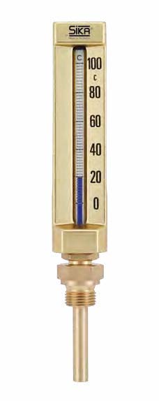 291 B, Casing 150x36mm, Range 0+100°C, liquid, immersion tube length, L1=100xØ10mm, G1/2, brass, Sika thermometer, straight