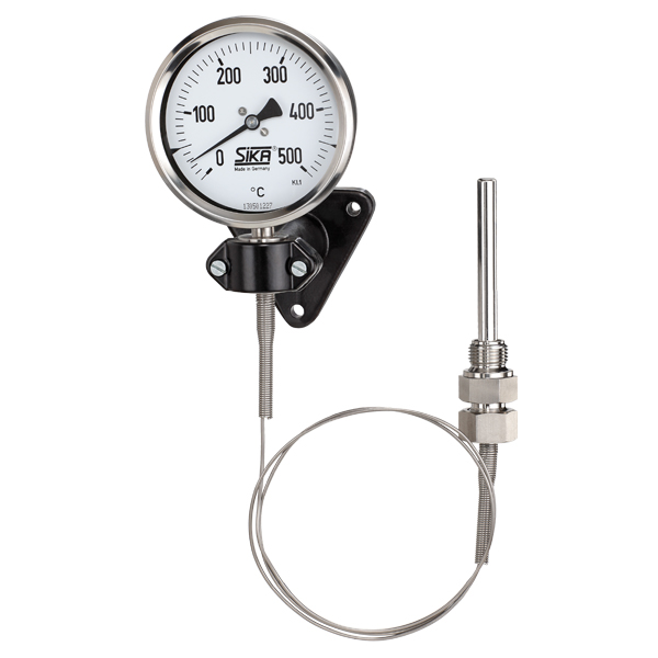 Remote reading diesel engine temperature dial thermometer, type 311, with wall bracket, 100mm dial, filled with silicon oil, stainless steel, +50…+650°C, adjustable compression fitting, G3/4 connection thread,  L=Ø12x250, capillary length ?m, stainless steel spiral protection