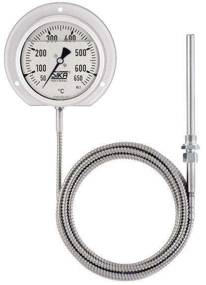 Remote reading diesel engine temperature dial thermometer, type 321, with rear mounting flange, 80mm dial, filled with silicon oil, stainless steel, +50…+650°C, adjustable compression fitting, G1/2 connection thread, L=Ø12x135, capillary length ?m (tbd), stainless steel spiral protection