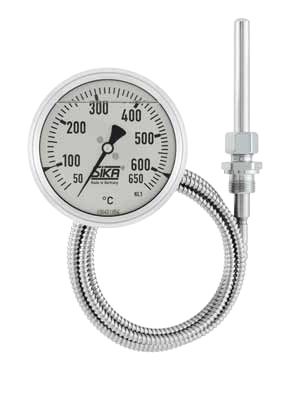 Remote reading diesel engine temperature dial thermometer, type 331, U-clamp mounting, 80mm dial, filled with silicon oil, stainless steel, +50…+650°C, adjustable compression fitting, G1/2 connection thread, L=Ø12x200, capillary length ?m, stainless steel spiral protection