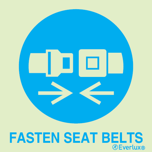 Photoluminescent 1.2mm rigid plastic 200x200mm Fasten seat belts IMO sign - with supplementary text