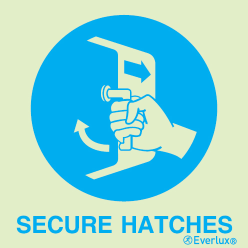 Photoluminescent 1.2mm rigid plastic 300x300mm Secure hatches IMO sign - with supplementary text