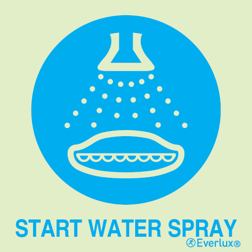 Photoluminescent self-adhesive vinyl 300x300mm Start water spray IMO sign - with supplementary text