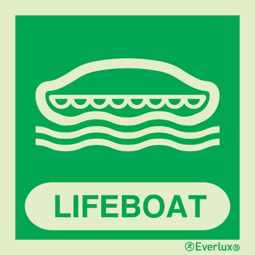 Photoluminescent 1.2mm rigid plastic 300x300mm Lifeboat IMO sign with supplementary text 