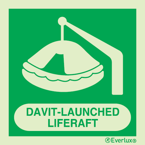 Photoluminescent self-adhesive vinyl 200x200mm Davit-launched liferaft IMO sign with supplementary text