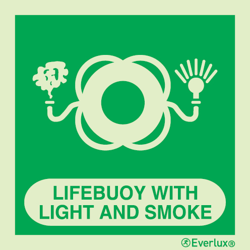 Photoluminescent 1.2mm rigid plastic 300x300mm Lifebuoy with light and smoke IMO sign with supplementary text 