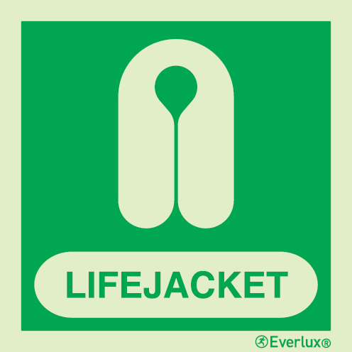 Photoluminescent self-adhesive vinyl 200x200mm Lifejacket IMO sign with supplementary text 