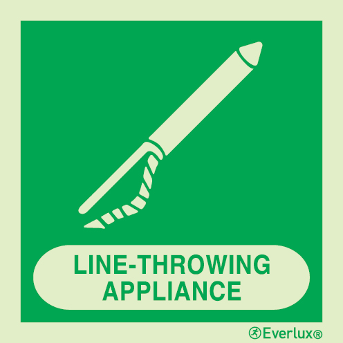 Photoluminescent self-adhesive vinyl 200x200mm Line throwing appliance IMO sign with supplementary text 