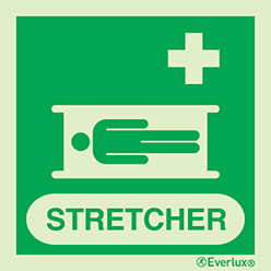Photoluminescent 1.2mm rigid plastic 150x150mm Stretcher IMO sign with supplementary text