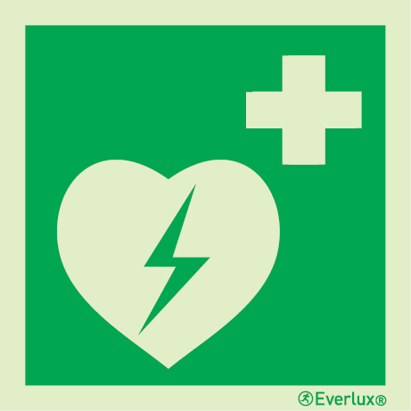 Photoluminescent self-adhesive vinyl 200x200mm Automated external heart defibrillator sign