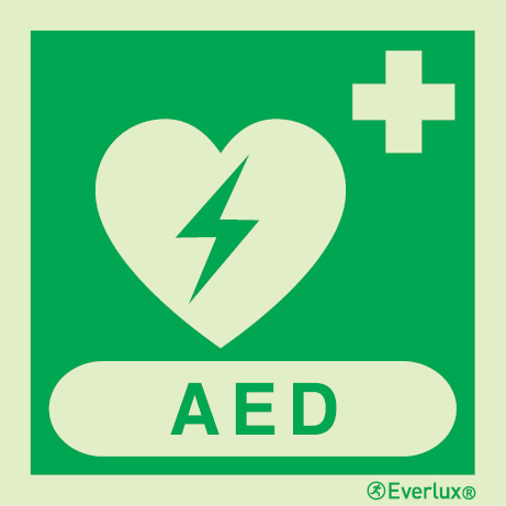 Photoluminescent 1.2mm rigid plastic 300x300mm AED sign - with supplementary text