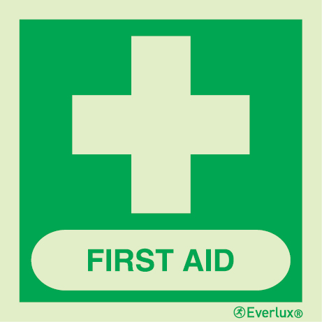 Photoluminescent 1.2mm rigid plastic 300x300mm First aid sign - with supplementary text