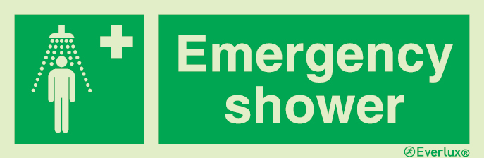 Photoluminescent 1.2mm rigid plastic 300x100mm Emergency shower sign with supplementary text