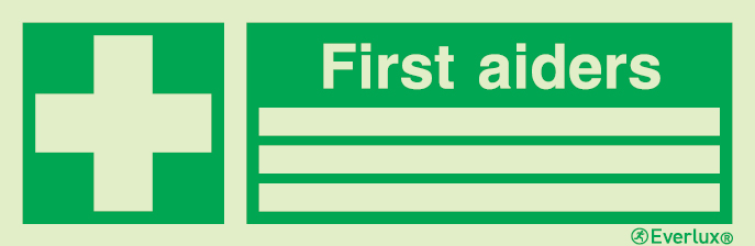 Photoluminescent self-adhesive vinyl 300x100mm First aiders list sign with supplementary text