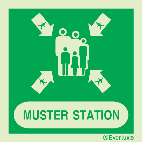 Photoluminescent 1.2mm rigid plastic 400x400mm Muster station IMO sign with supplementary text 
