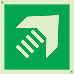 Photoluminescent 1.2mm rigid plastic 150x150mm Secondary means of escape directional arrow sign - 45° angle 