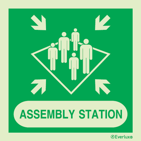 Photoluminescent 1.2mm rigid plastic 400x400mm Assembly station IMO sign with supplementary text 