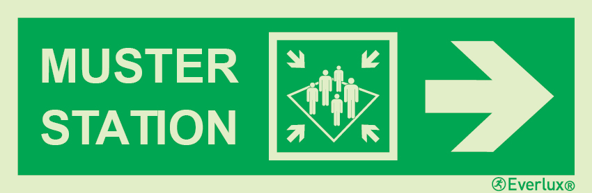 Photoluminescent self-adhesive vinyl 300x100mm Muster station with directional arrow to the right - IMO sign