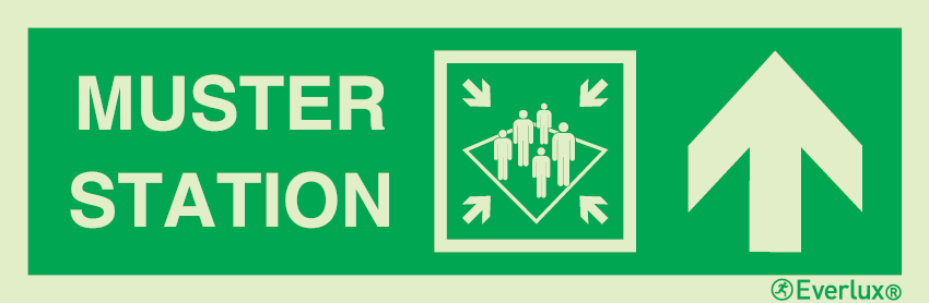 Photoluminescent self-adhesive vinyl 400x120mm Muster station with directional arrow up - IMO sign 