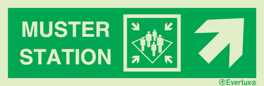 Photoluminescent 1.2mm rigid plastic 400x120mm Muster station with directional arrow up to the right - IMO sign