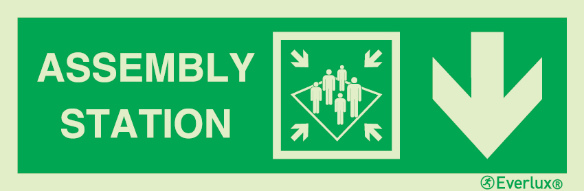 Photoluminescent 1.2mm rigid plastic 400x120mm Assembly station with directional arrow down - IMO sign 