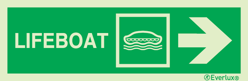 Photoluminescent 1.2mm rigid plastic 300x100mm Lifeboat IMO sign with directional arrow to the right 