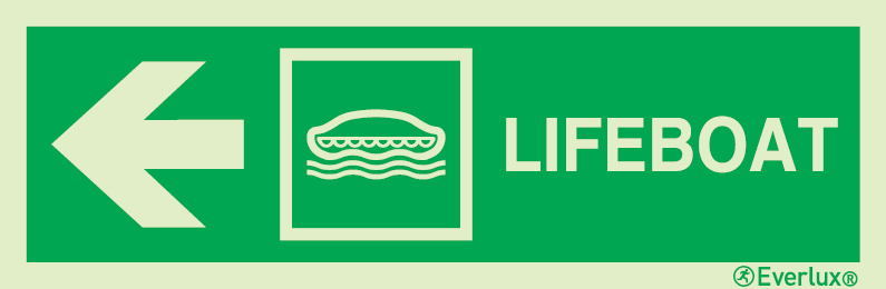 Photoluminescent self-adhesive vinyl 400x120mm Lifeboat IMO sign with directional arrow to the left 