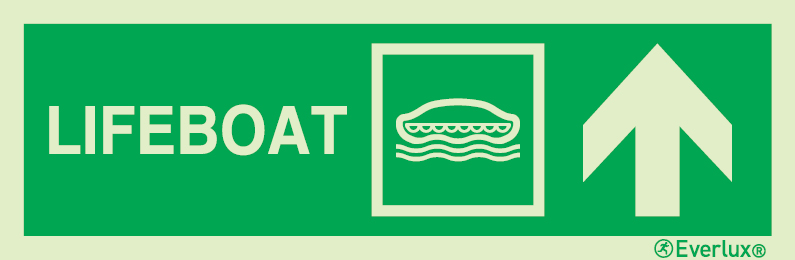 Photoluminescent self-adhesive vinyl 300x100mm Lifeboat IMO sign with directional arrow up