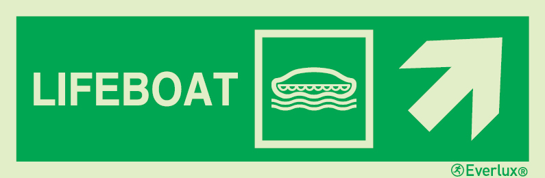 Photoluminescent self-adhesive vinyl 300x100mm Lifeboat IMO sign with directional arrow up to the right