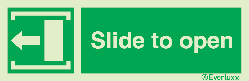 Photoluminescent self-adhesive vinyl 300x100mm Escape door opening mechanism sign - Slide (to the left) to open 
