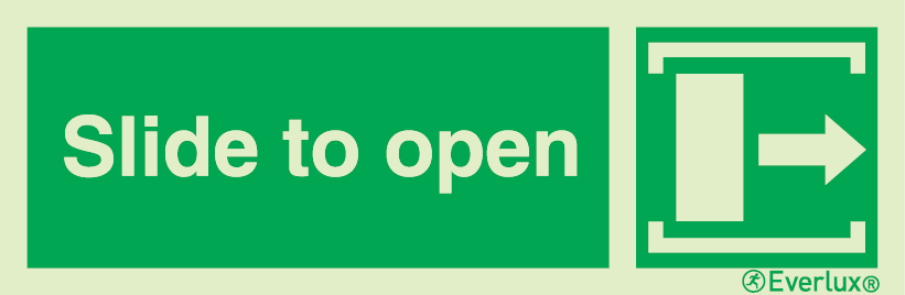 Photoluminescent 1.2mm rigid plastic 200x70mm Escape door opening mechanism sign - Slide (to the right) to open 