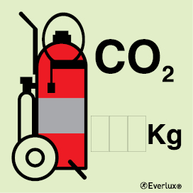 Photoluminescent self-adhesive vinyl 150x150mm CO2 Wheeled fire extinguisher IMO sign - This sign can be customized with the appropriate extinguisher agent capacity