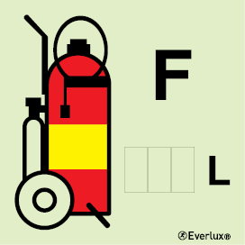 Photoluminescent self-adhesive vinyl 150x150mm Foam Wheeled fire extinguisher IMO sign - This sign can be customized with the appropriate extinguisher agent capacity