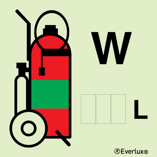 Photoluminescent 1.2mm rigid plastic 150x150mm Water Wheeled fire extinguisher IMO sign - This sign can be customized with the appropriate extinguisher agent capacity