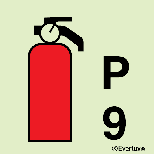 Photoluminescent 1.2mm rigid plastic 200x200mm 9 Kg Powder fire extinguisher sign