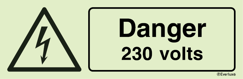 Self-adhesive white vinyl 400x150mm Danger - 230 volts sign with supplementary text 