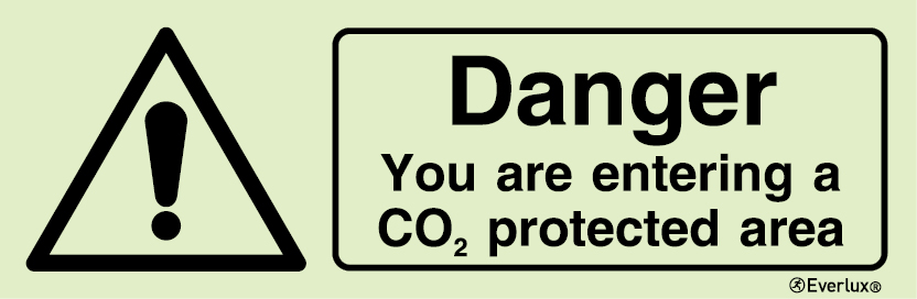 Self-adhesive white vinyl 300x100mm Danger CO2 protected area sign 