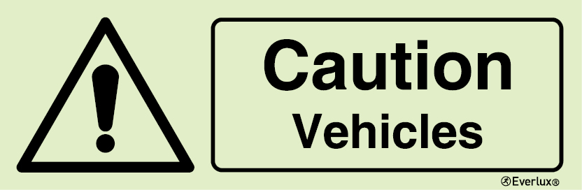 Self-adhesive white vinyl 400x150mm Caution vehicles sign 