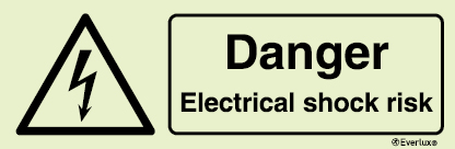 Photoluminescent self-adhesive vinyl 400x150mm Danger electrical shock risk sign