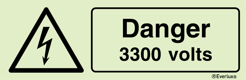 Photoluminescent self-adhesive vinyl 400x150mm Danger 3300 volts sign 