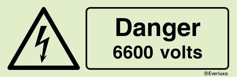 Photoluminescent self-adhesive vinyl 300x100mm Danger 6600 volts sign 