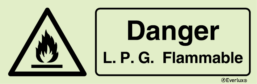 Photoluminescent 1.2mm rigid plastic 300x100mm Danger L. P. G. flammable sign 