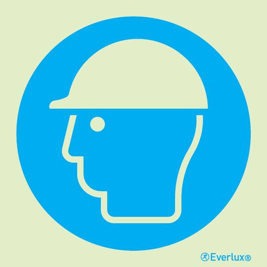 Photoluminescent 1.2mm rigid plastic 150x150mm Wear head protection - mandatory sign
