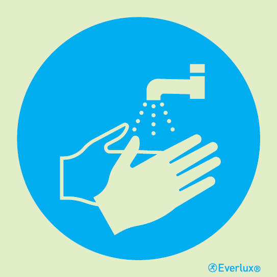 Photoluminescent 1.2mm rigid plastic 100x100mm Wash your hands - mandatory sign
