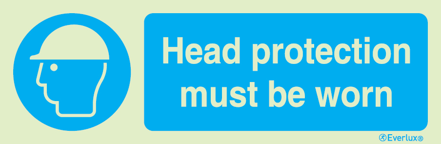 Photoluminescent 1.2mm rigid plastic 300x100mm Head protection must be worn sign