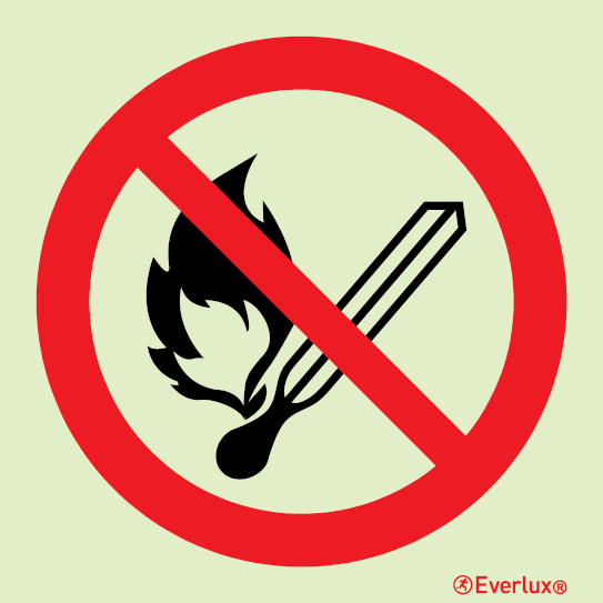Photoluminescent 1.2mm rigid plastic 100x100mm No open flame - prohibition sign
