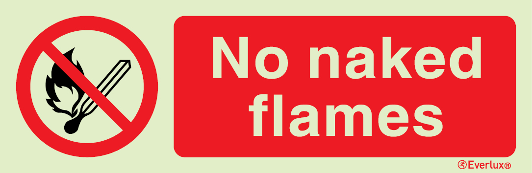 White rigid plastic 300x100mm No naked flames sign
