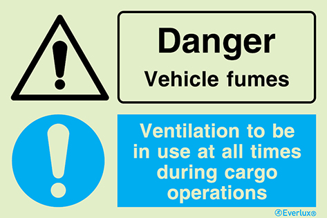 Self-adhesive white vinyl 300x200mm Danger vehicle fumes - warning and mandatory sign