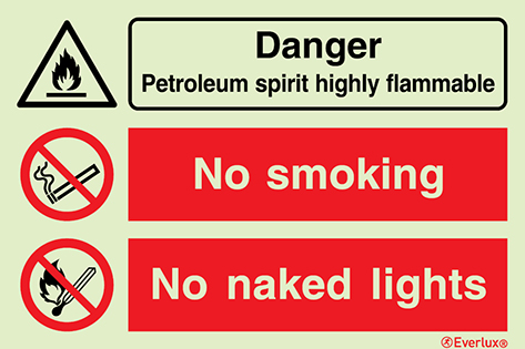 Photoluminescent 1.2mm rigid plastic 300x200mm Danger petroleum spirit - warning and prohibition sign